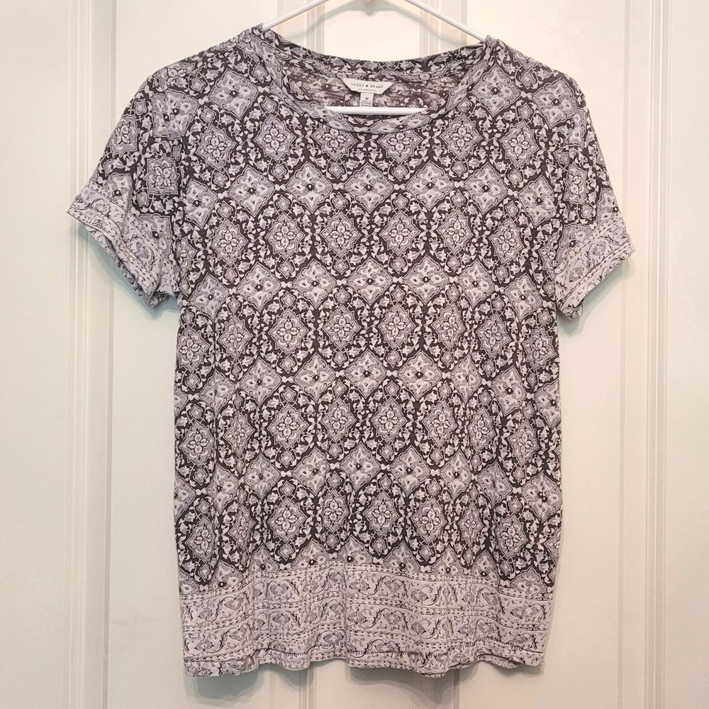 Lucky Brand Brown and Gray Border Print Short Sleeve T-shirt